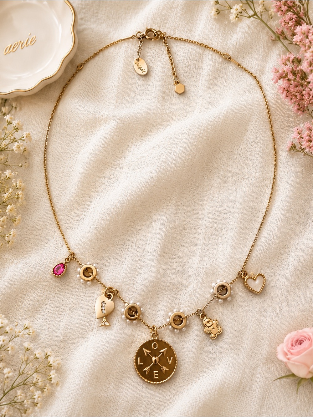 Aerie Gold Tone Charm Necklace Hearts Teddy Bear LOVE Pearl 18–21” Adjustable